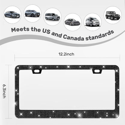 2 Pack Bling License Plate Frames, Sparkly Rhinestone Diamond Car License Plate Cover for Women, Stainless Steel Car Accessories with Glitter Crystal Caps (Black)