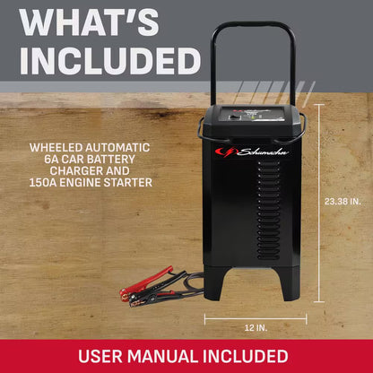 Wheeled Automatic 150A Car Battery Charger and Engine Starter, 20A Boost, 12V for Power Sport, Auto, Marine Batteries