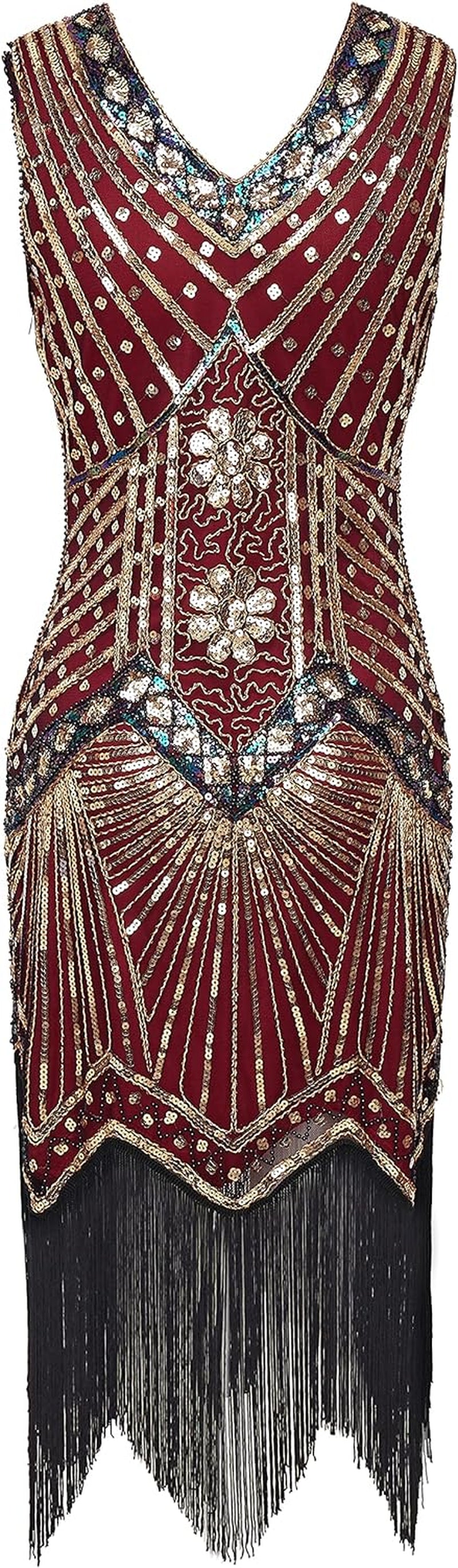 Women'S Flapper Dresses 1920S V Neck Beaded Fringed Great Gatsby Dress